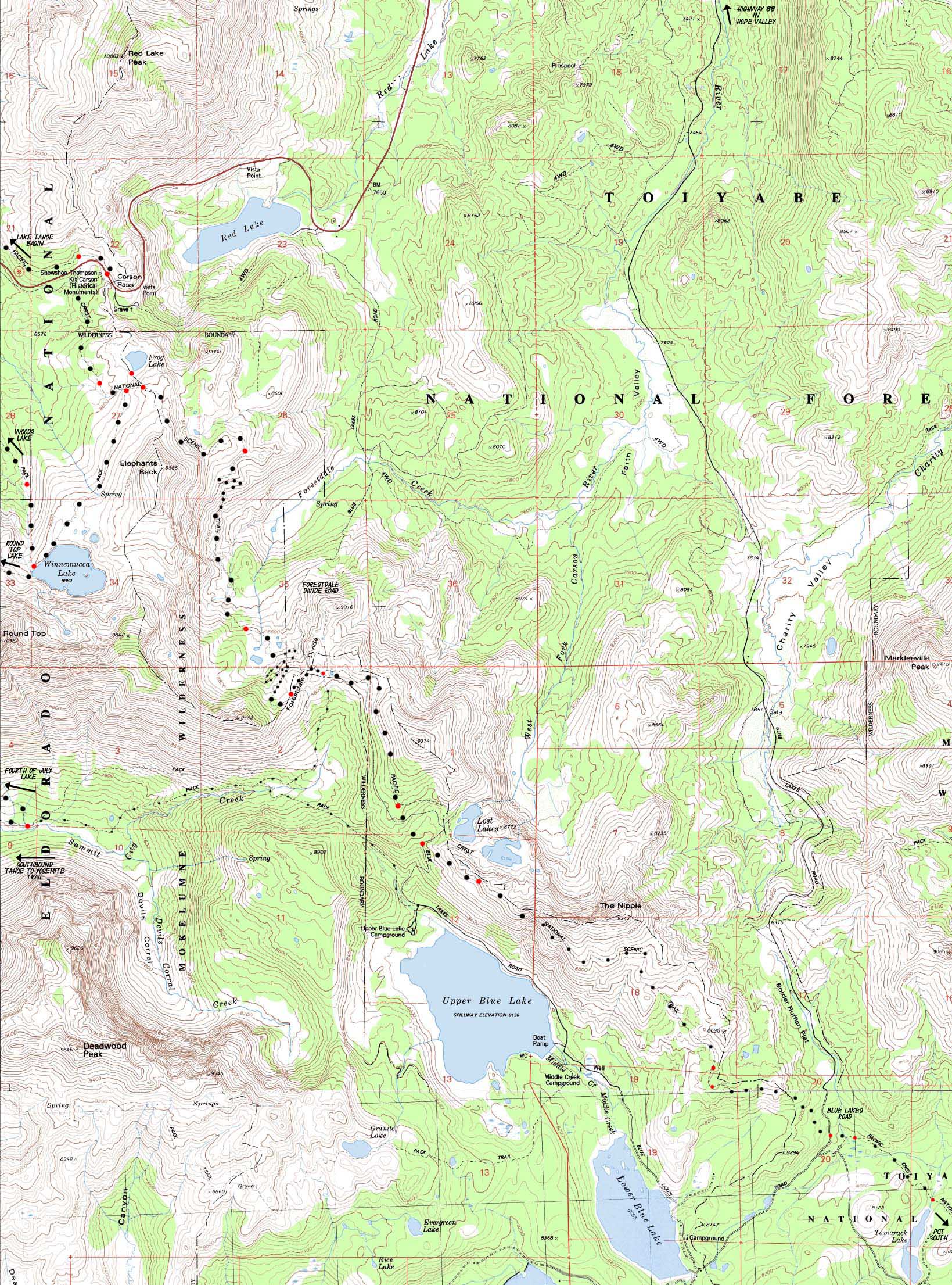 Carson Pass to Blue Lakes backpacking map.