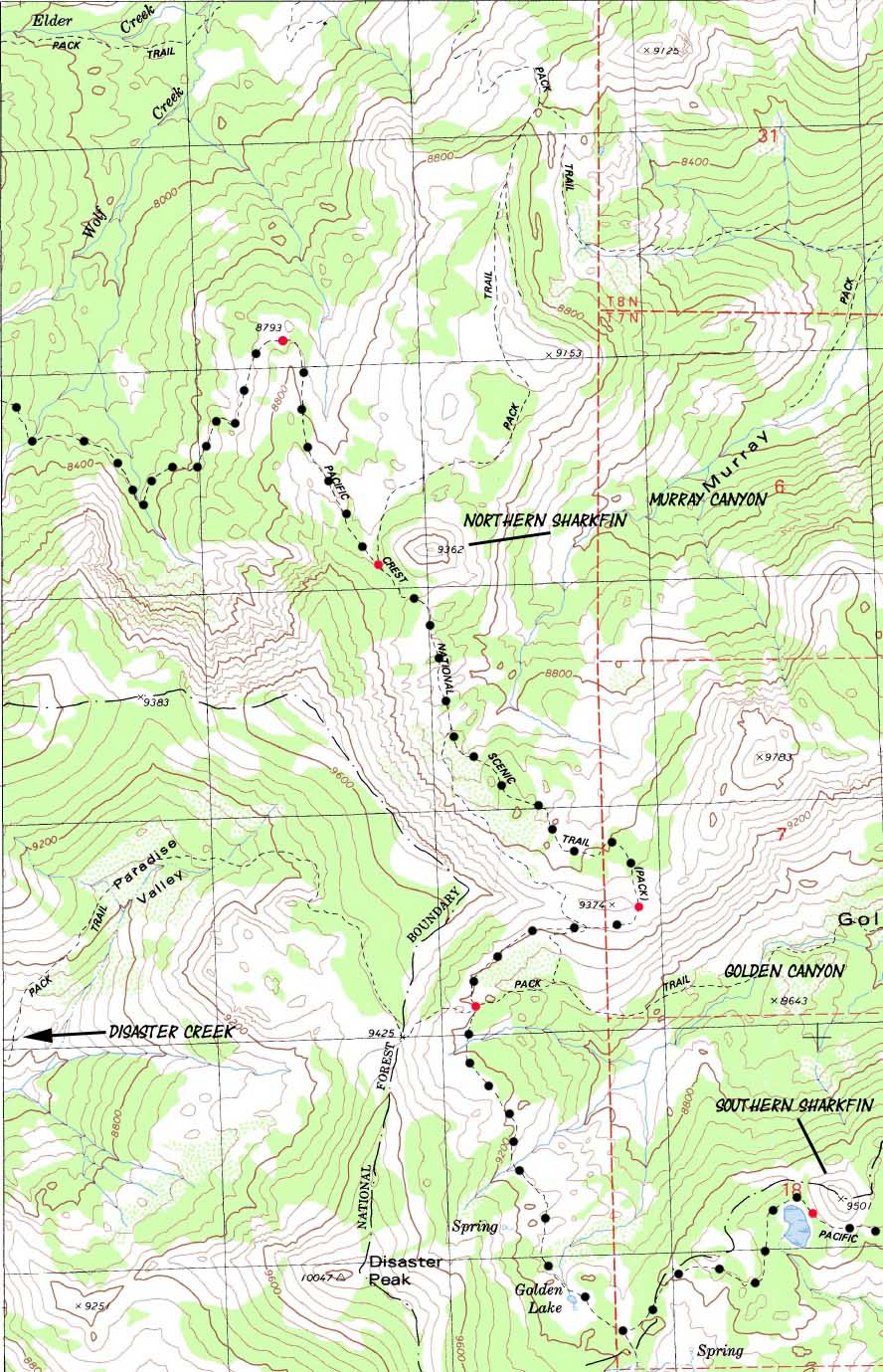 Topo Map of the Pacific Crest Trail between Wolf Creek to South of Golden Canyon.