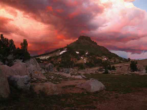 Tropical thunderstorm breaking over Grizzly Peak in the High Emigrant Wilderness, June 2013.