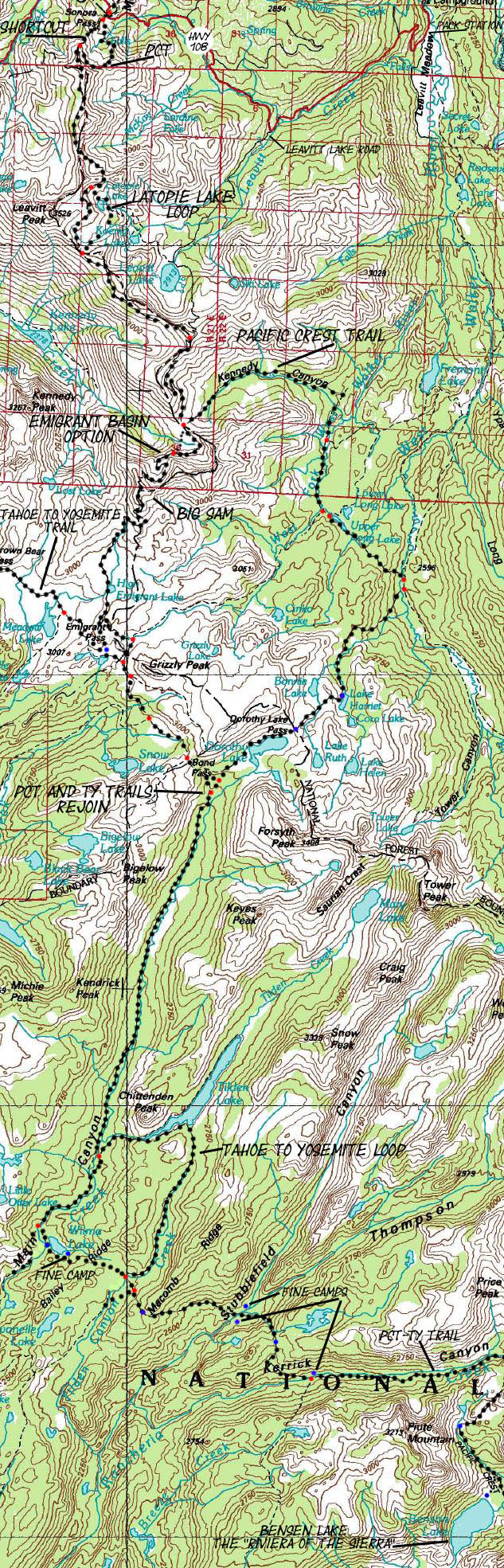 Map: Sonora Pass to Bensen Lake on the Pacific Crest Trail into Yosemite through the Emigrant Wilderness