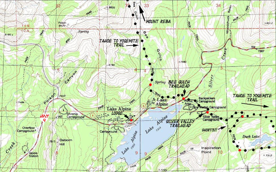 Lake Alpine Backpacking USGS Map with Tahoe Yosemite Trail