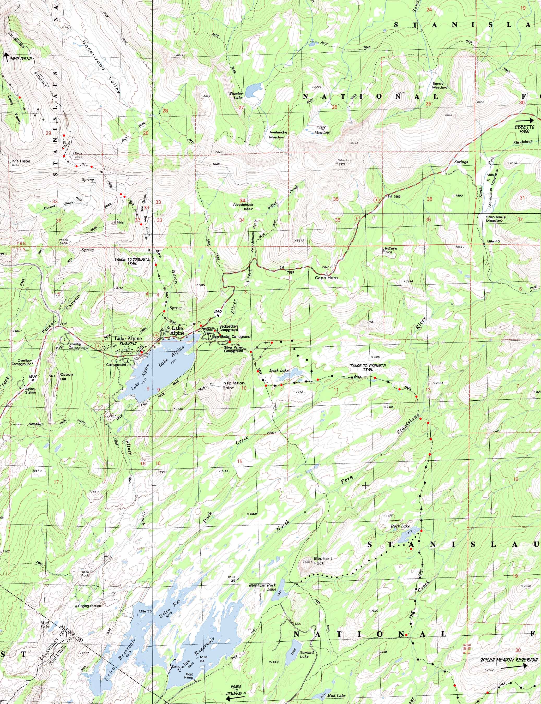 Lake Alpine, Spicer Meadow Reservoir backpacking map.