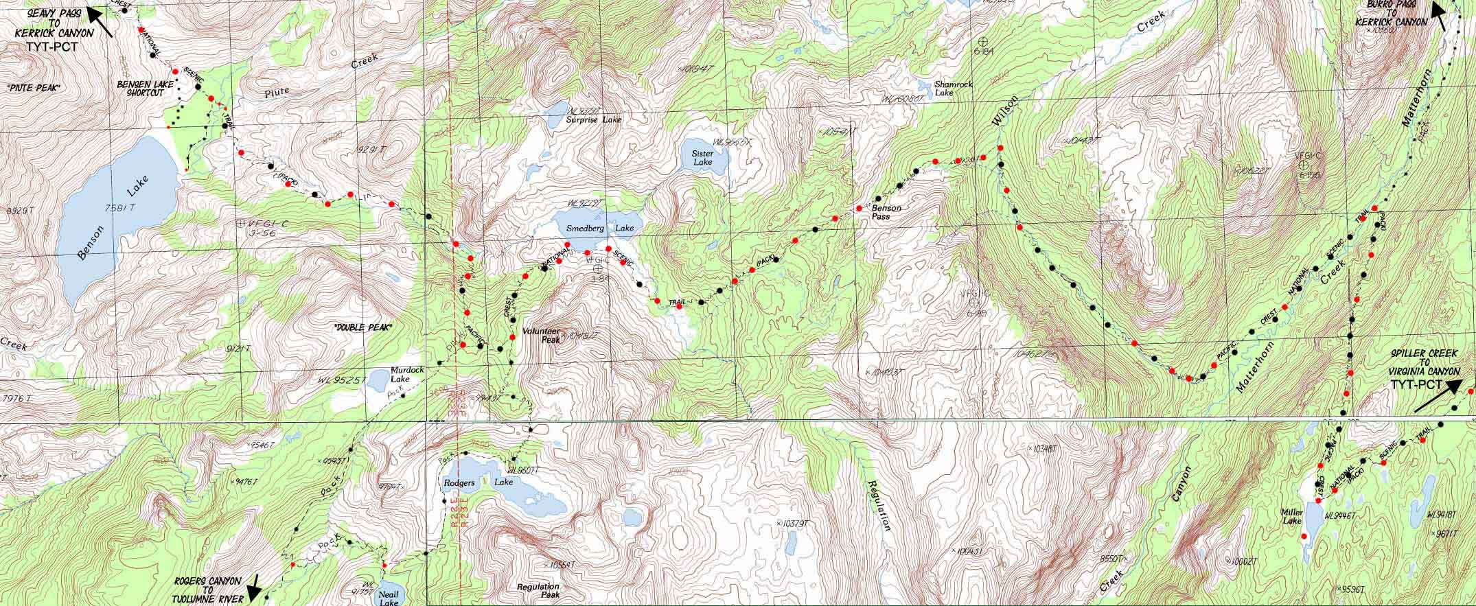 Bensen Lake to Miller Lake Yosemite topo hiking map.