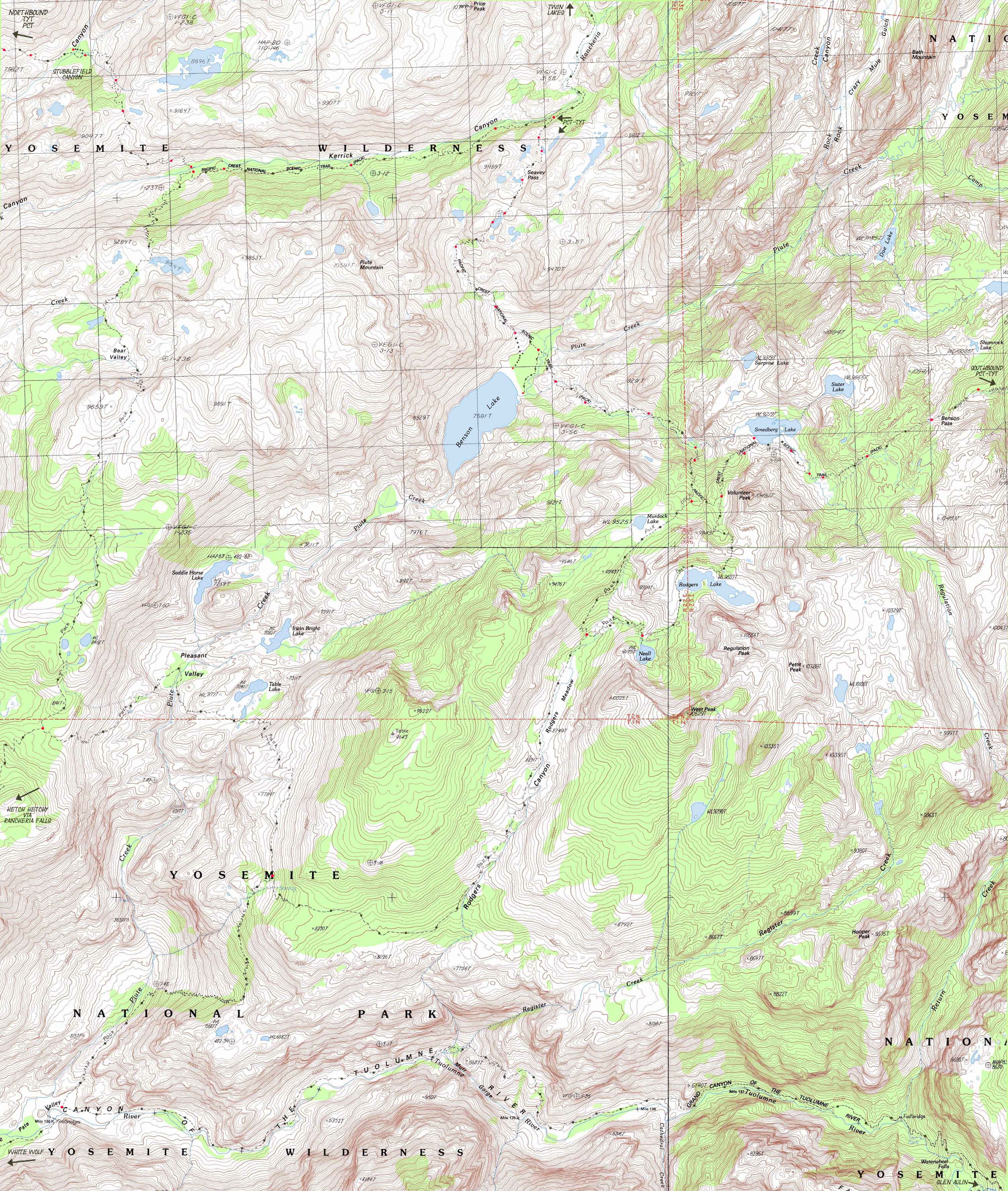 Map of Rodgers Canyon from PCT-TYT into Grand Canyon of the Tuolumne River.