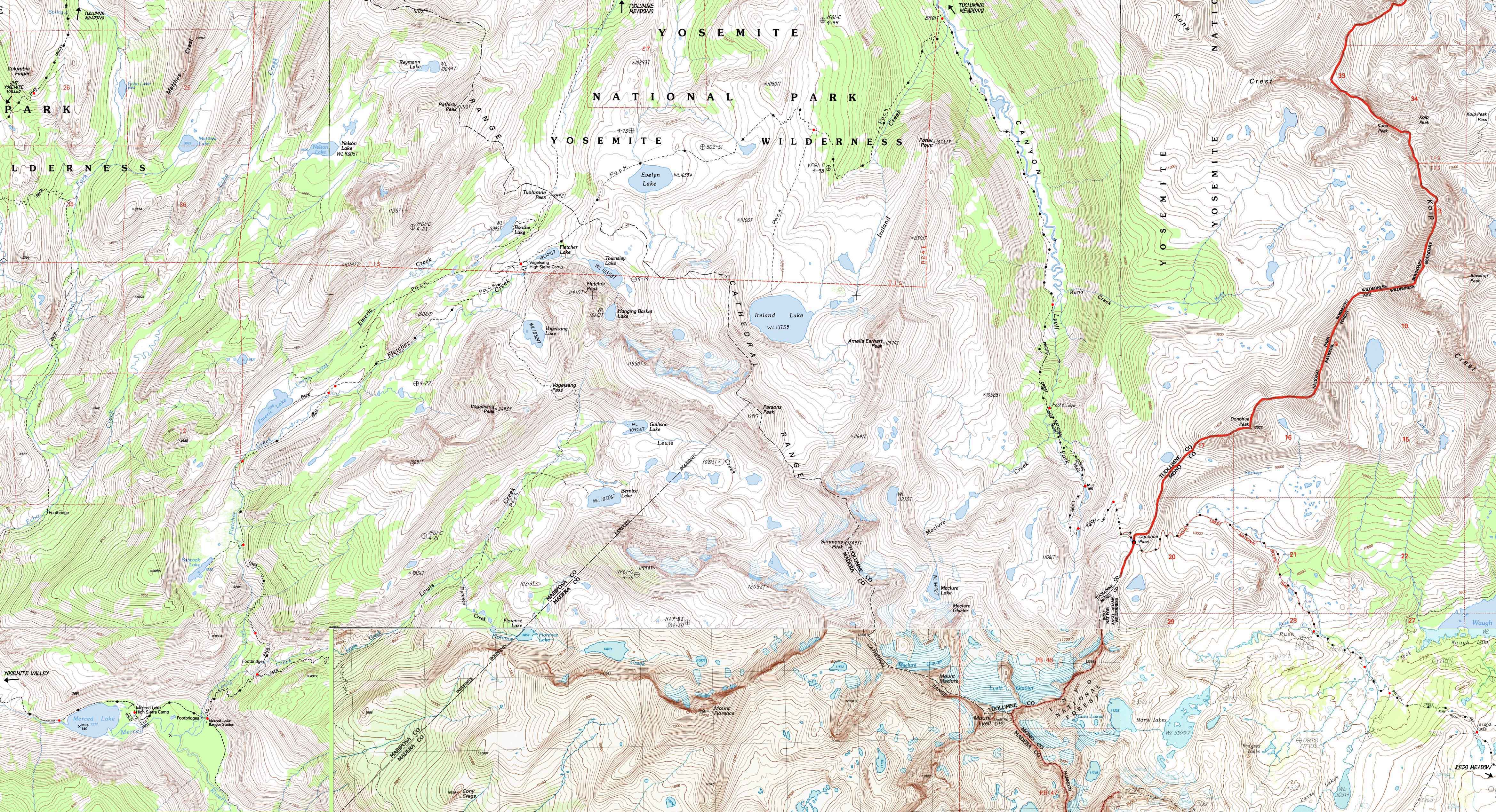 South Yosemite topo hiking map.