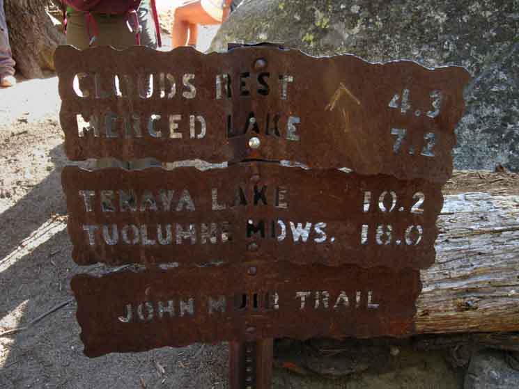 Half Dome trail junction miles sign on the John Muir Trail.