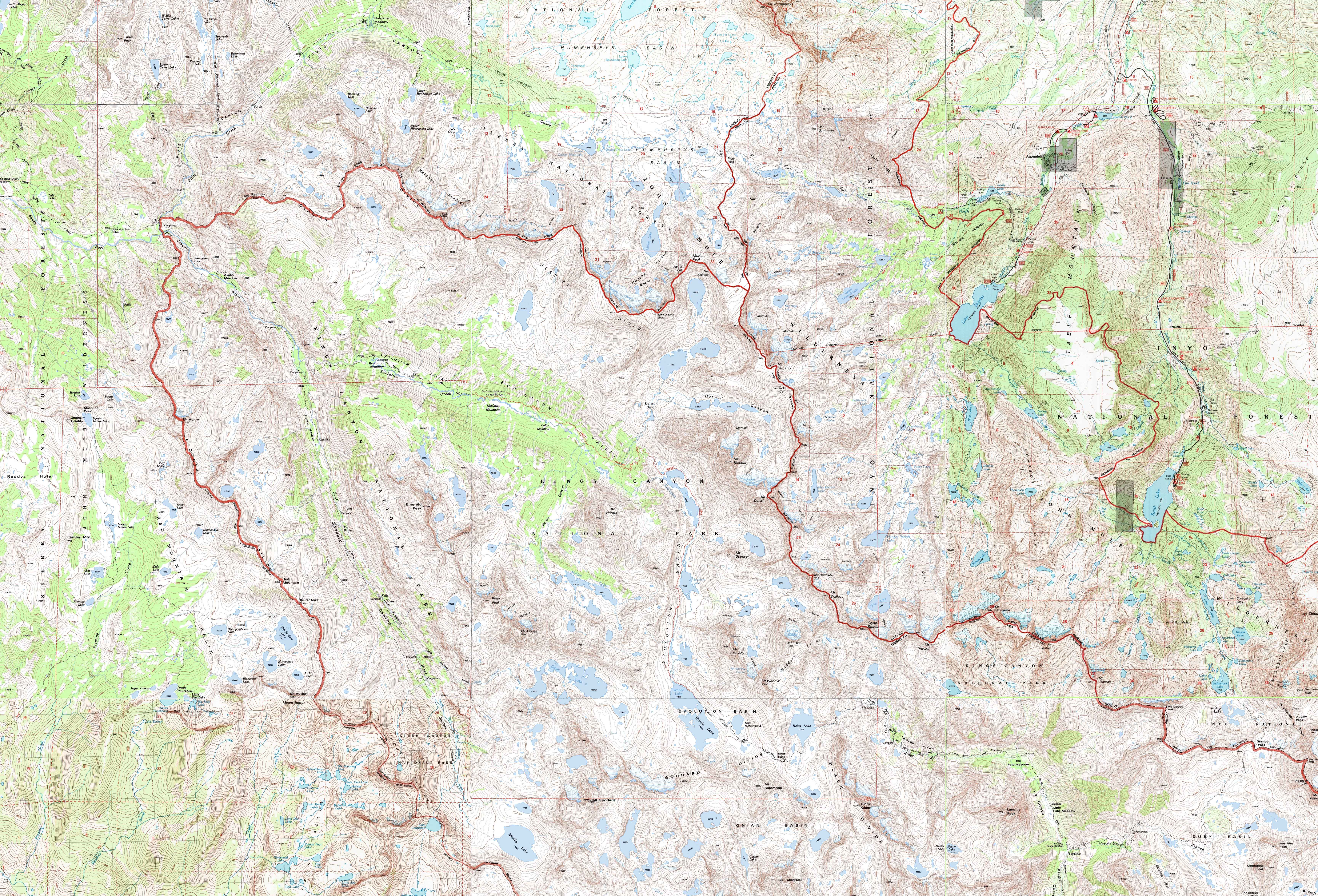 Backpacking map of Muir Ranch to Bishop Pass including the North-South Lakes Loop.