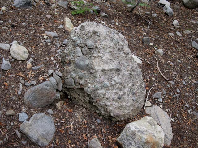 Thick composite boulder South side of Round Lake, Meiss Country.