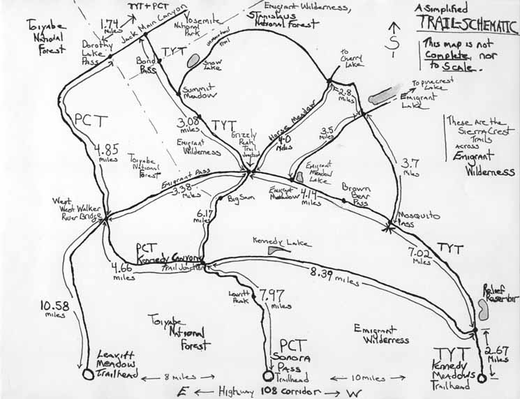 Schematic backpacking map of Emigrant Wilderness.