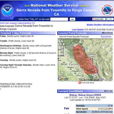 Central-South High Sierra Weather Regional Forecast.