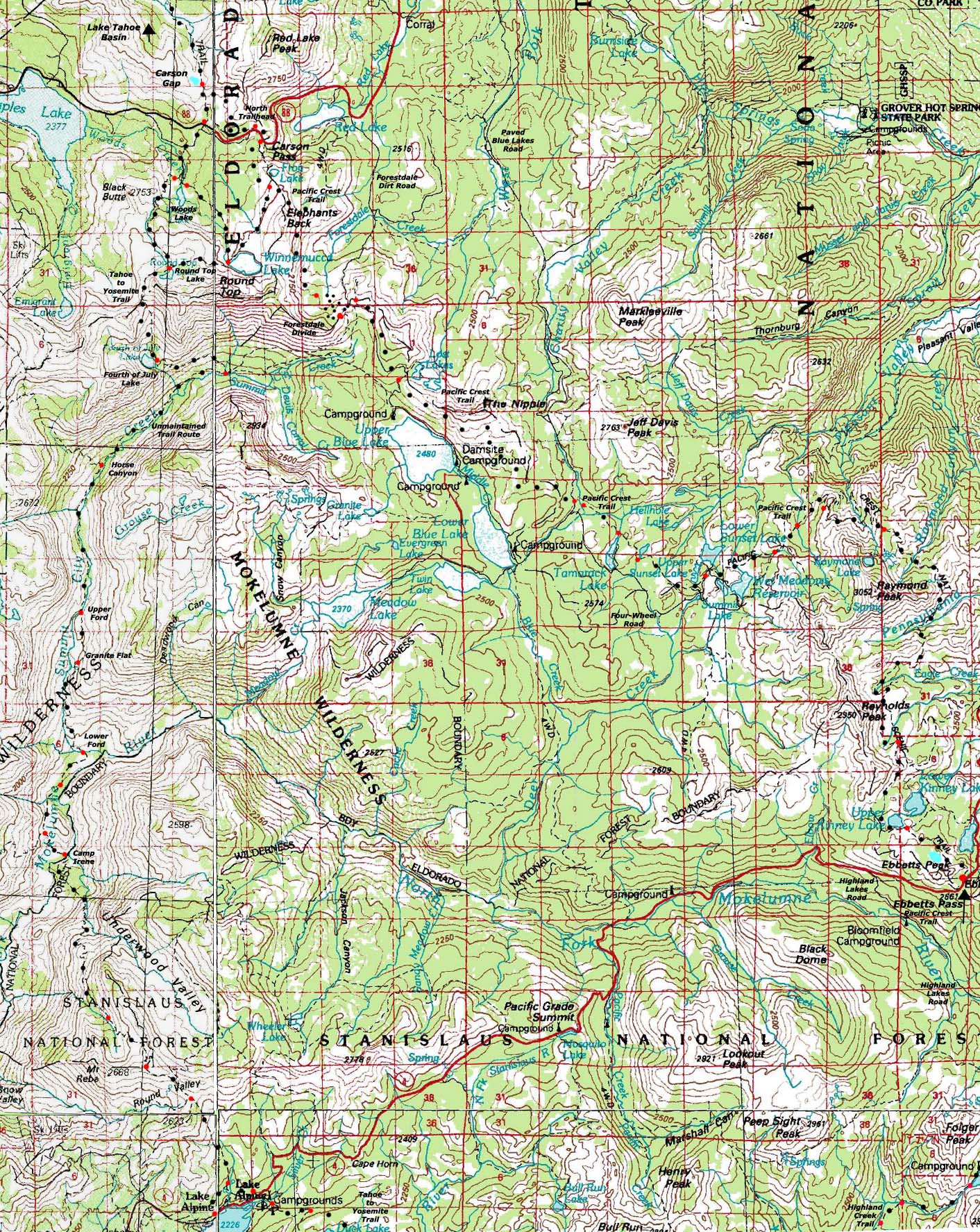 Mokelumne Wilderness topo hiking map. Pacific Crest Trail and Tahoe to Yosemite Trail.