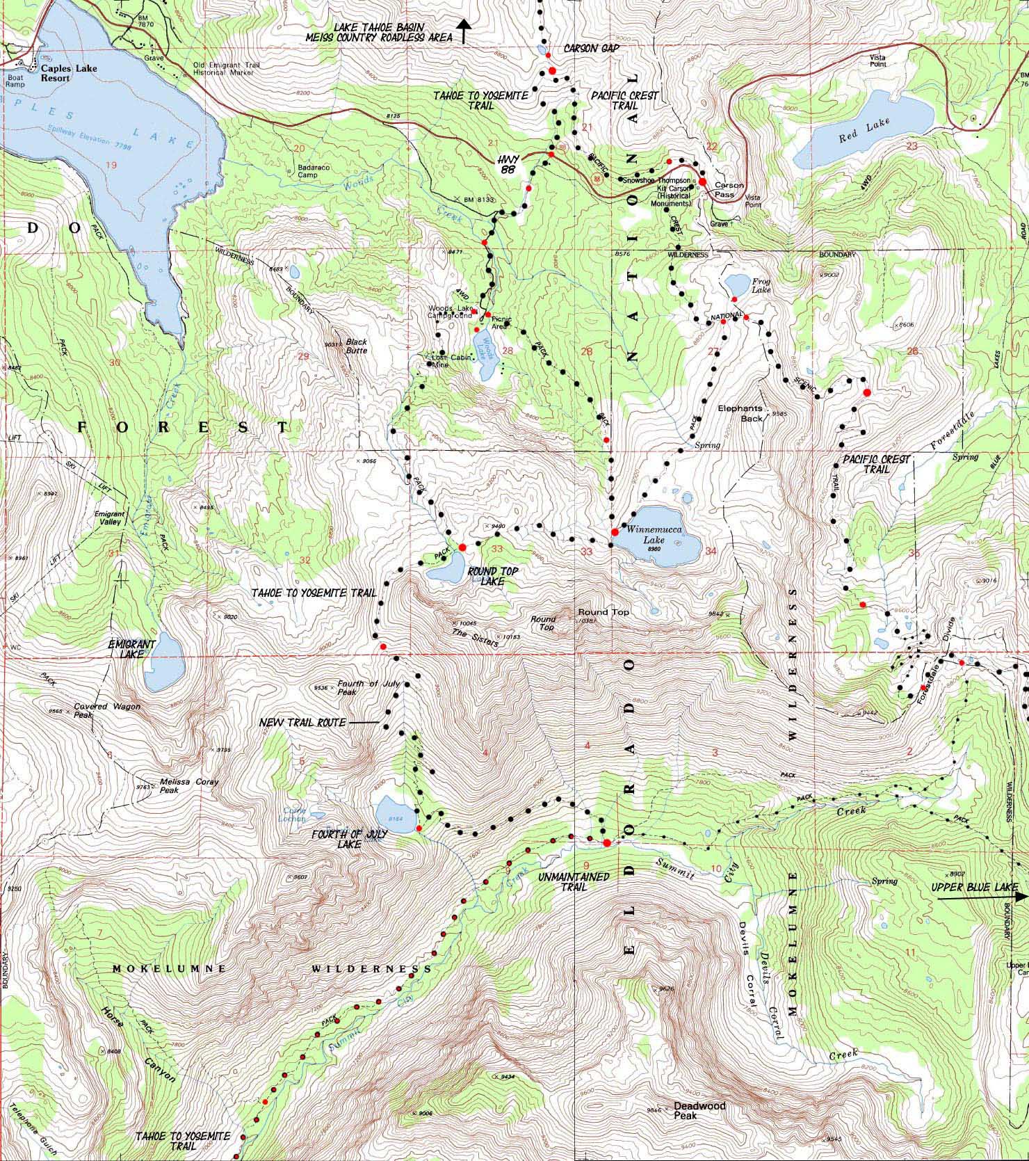 Carson Pass Management Area, TYT-PCT topo hiking map.