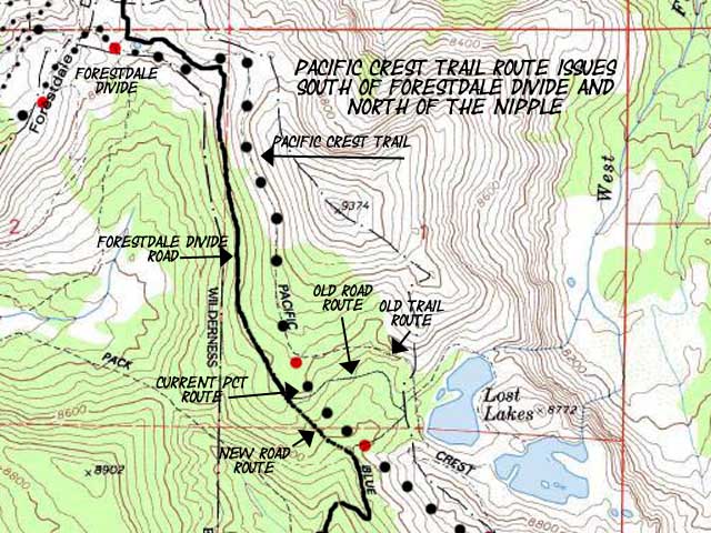 Current Pacific Crest Trail route between Forestdale Divide and the road to Lost Lakes.