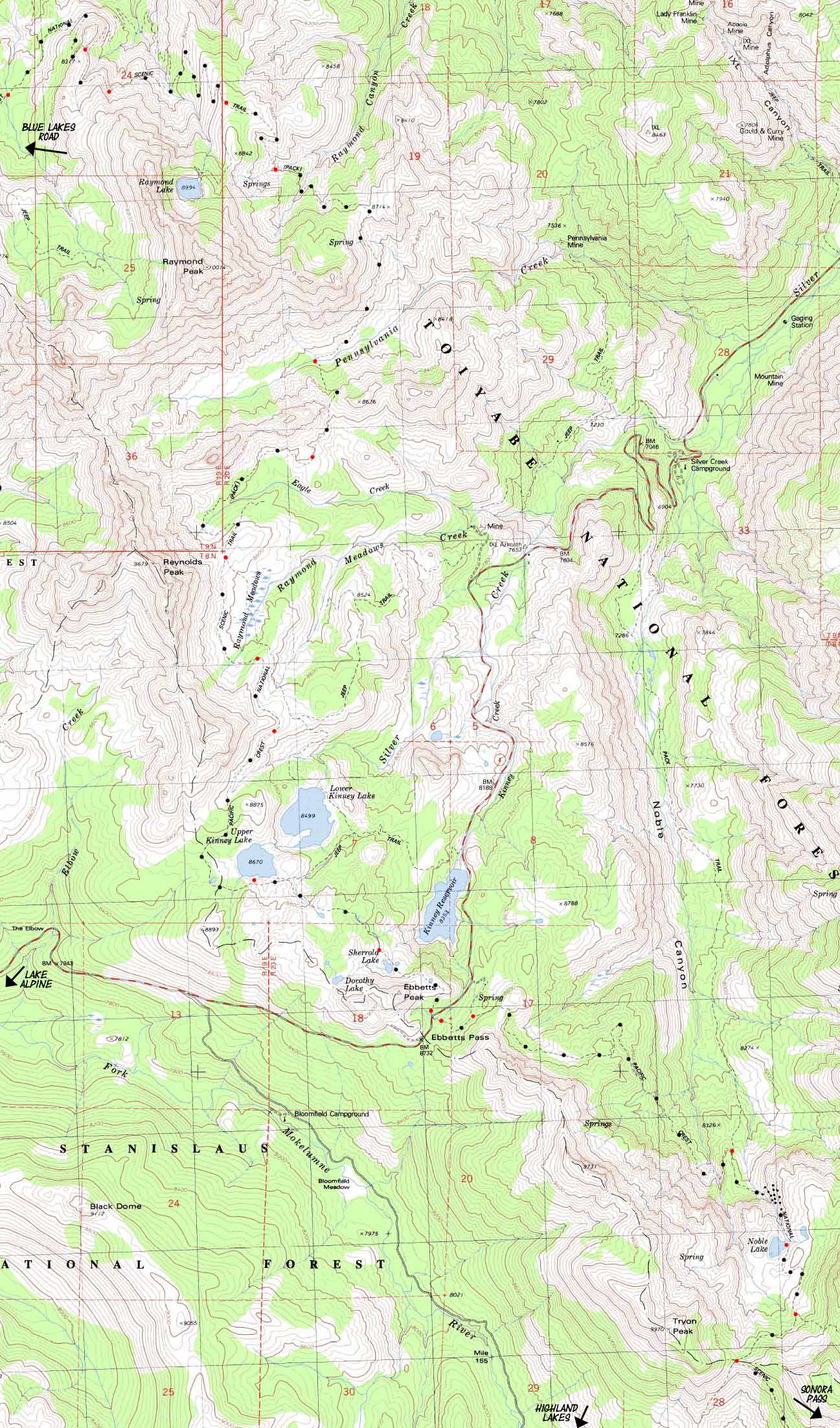 PCT backpacking map Raymond Peak to Tyron Peak via Ebbetts Pass.