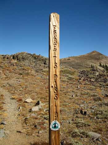Ebbetts Pass mileage post at the top of Forrestdale Divide: 18 miles