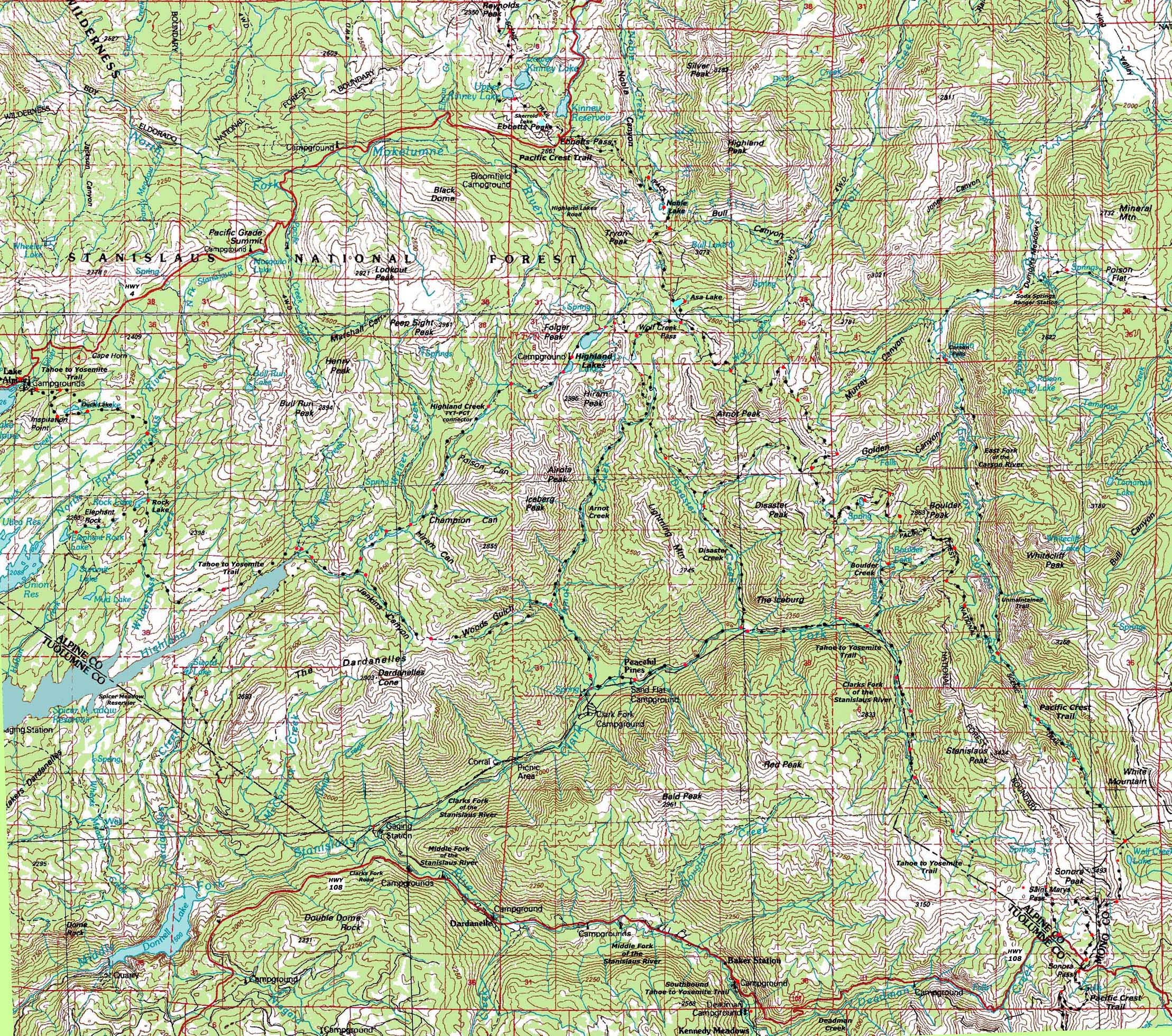 Carson Iceberg Wilderness topo map covering Pacific Crest Trail and Tahoe to Yosemite Trail.