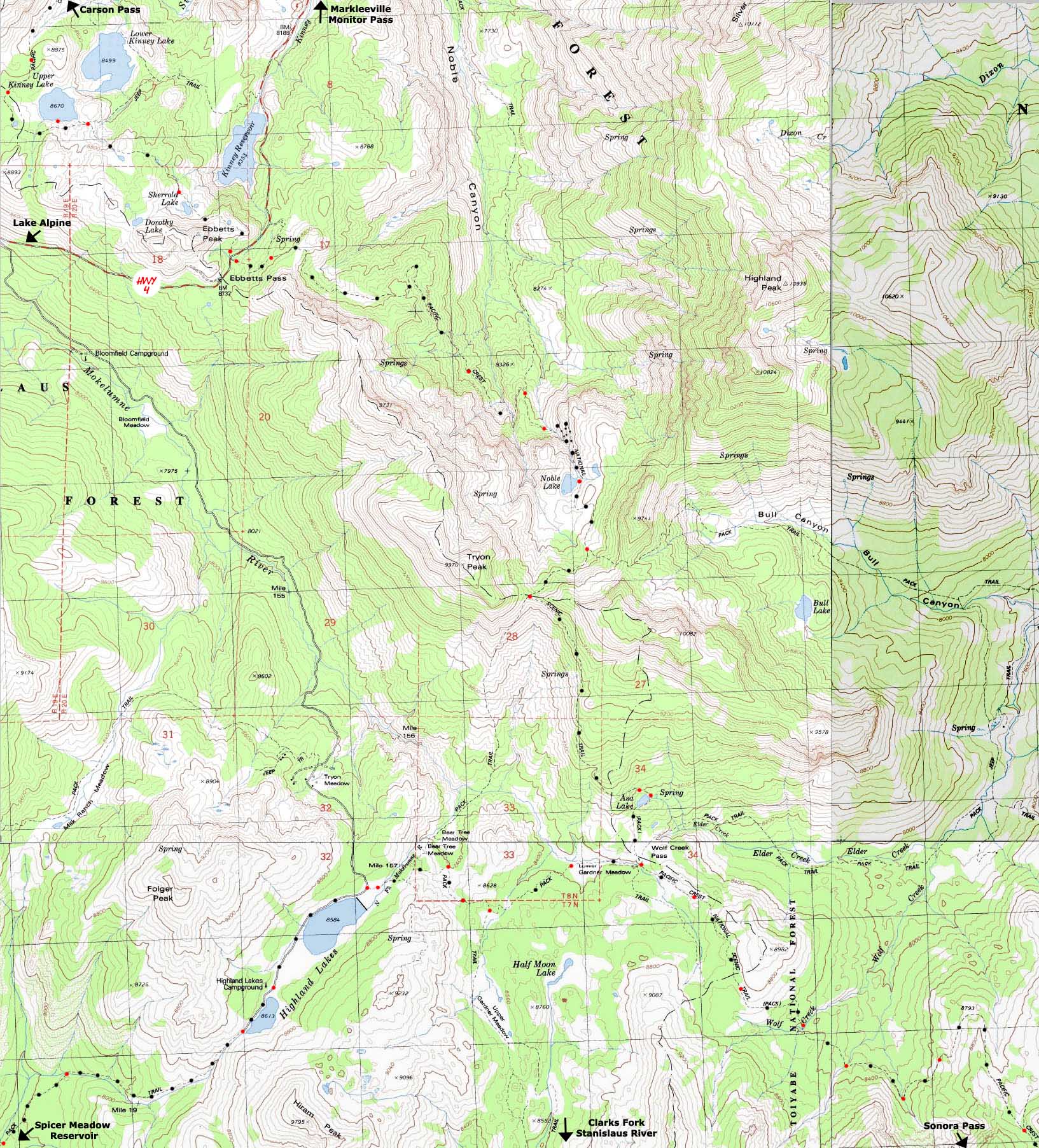 Ebbetts Pass to Wolf Creek Pass backpacking map.
