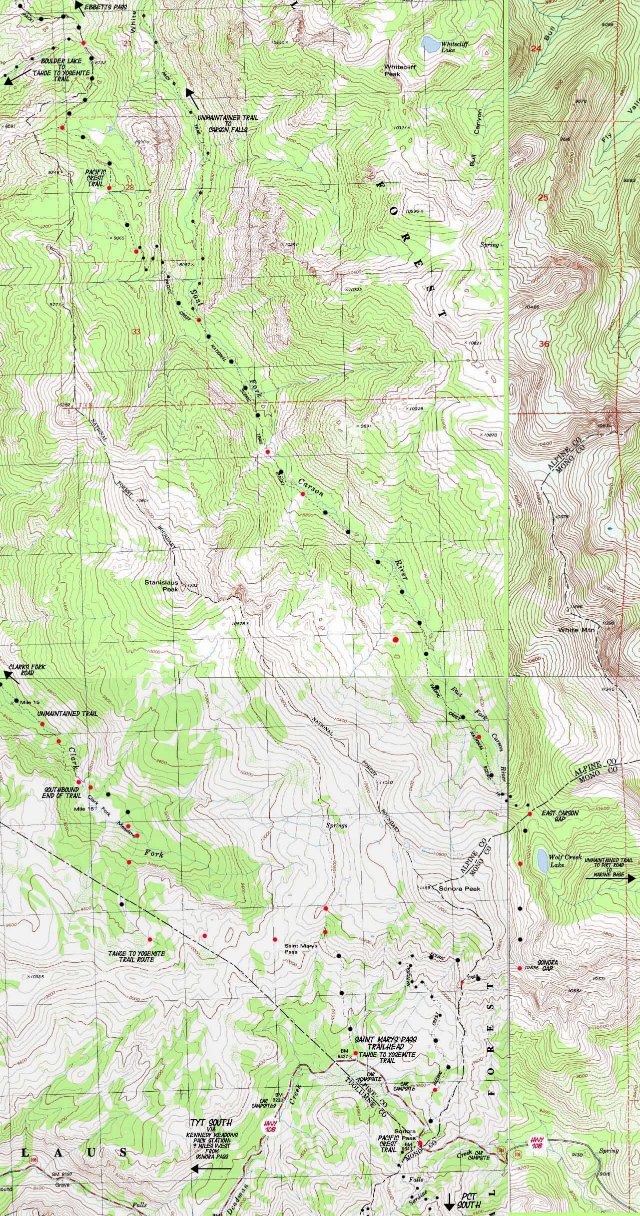 Topo hiking map Pacific Crest Trail North of Sonora Pass.