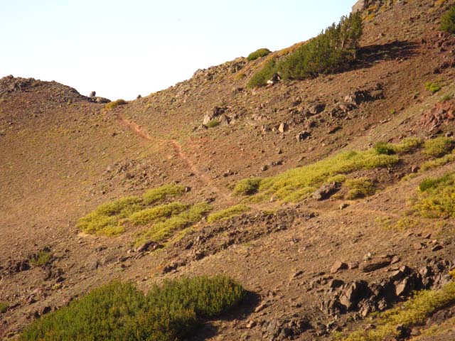 Pacific Crest Trail through Sonora Gap above Wolf Creek Lake.