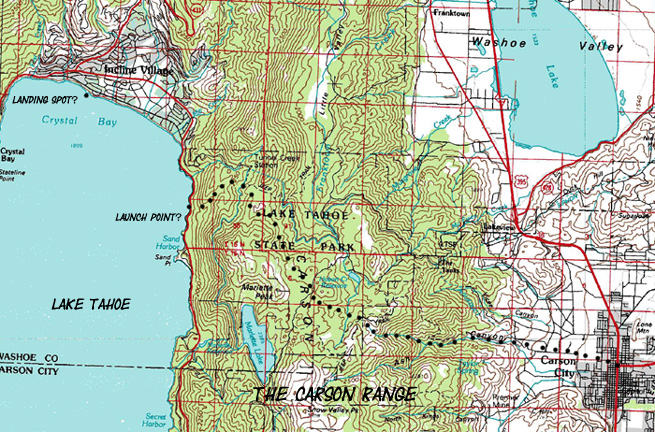 USGS Topo Map of Twain's projected route to Lake Tahoe from Carson City.