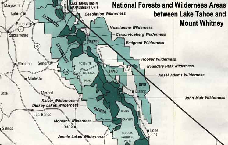 Map of National Forests and Wildernesses between Lake Tahoe and Mount Whitney