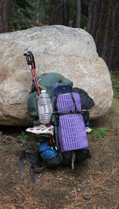 Pack ready for a spring snow trip using my slung attachment system