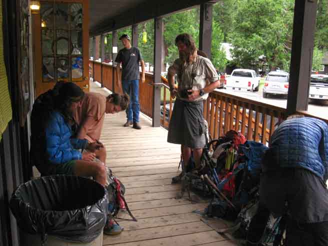 Pacific Crest Trail hikers from New Zeland and US on Kennedy Meadows front porch.