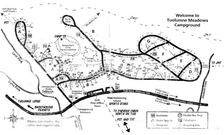 Map of Federal facilites at Tuolumne Meadows in Yosemite National Park