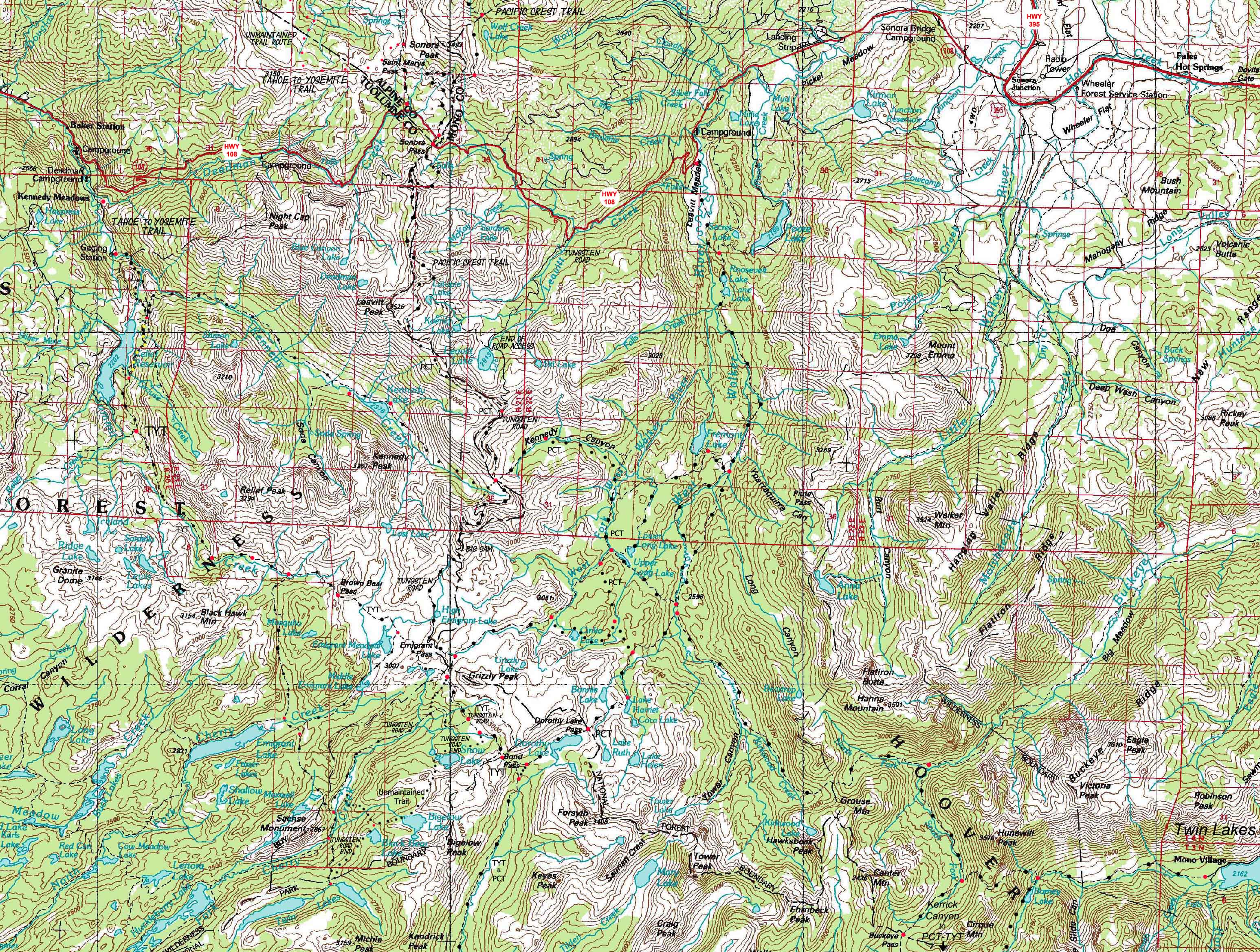 Backpacking map of Emigrant Wilderness to Yosemite boundary.