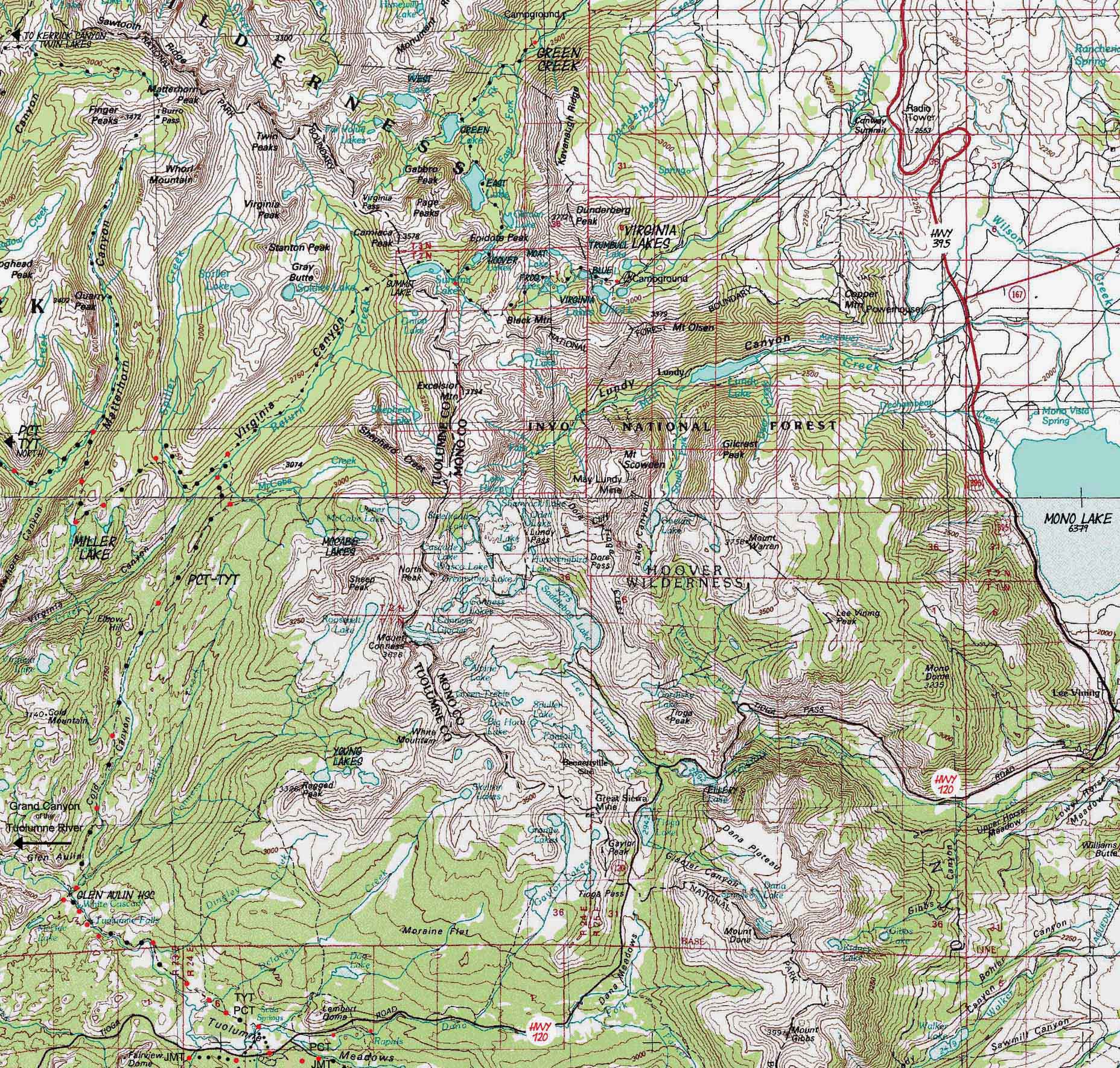 Backpacking Map of North Yosemite trails into the Hoover Wilderness.