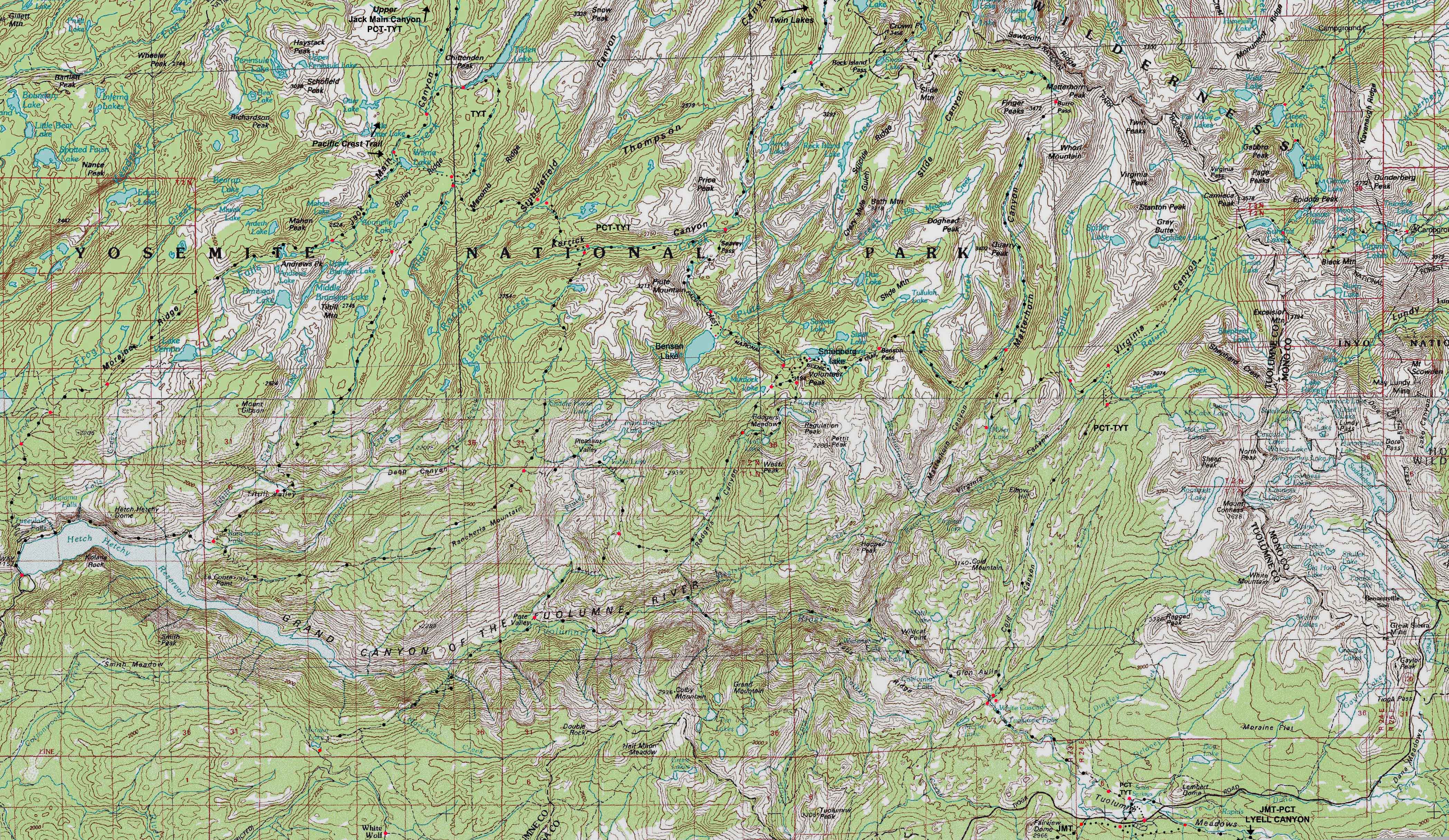 Backpacking map of the Grand Canyon of the Tuolumne River.