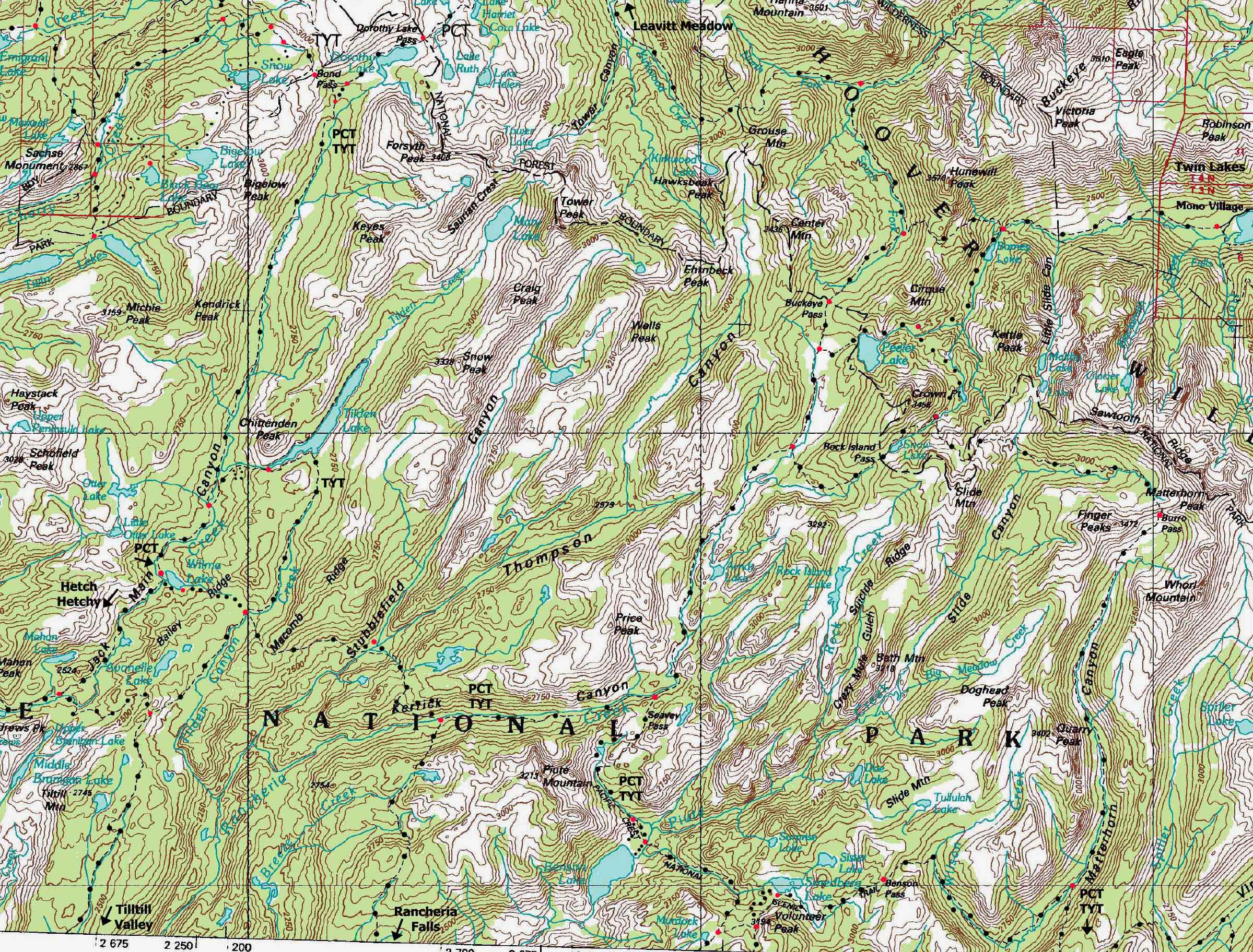 North Yosemite Backcountry backpacking map.