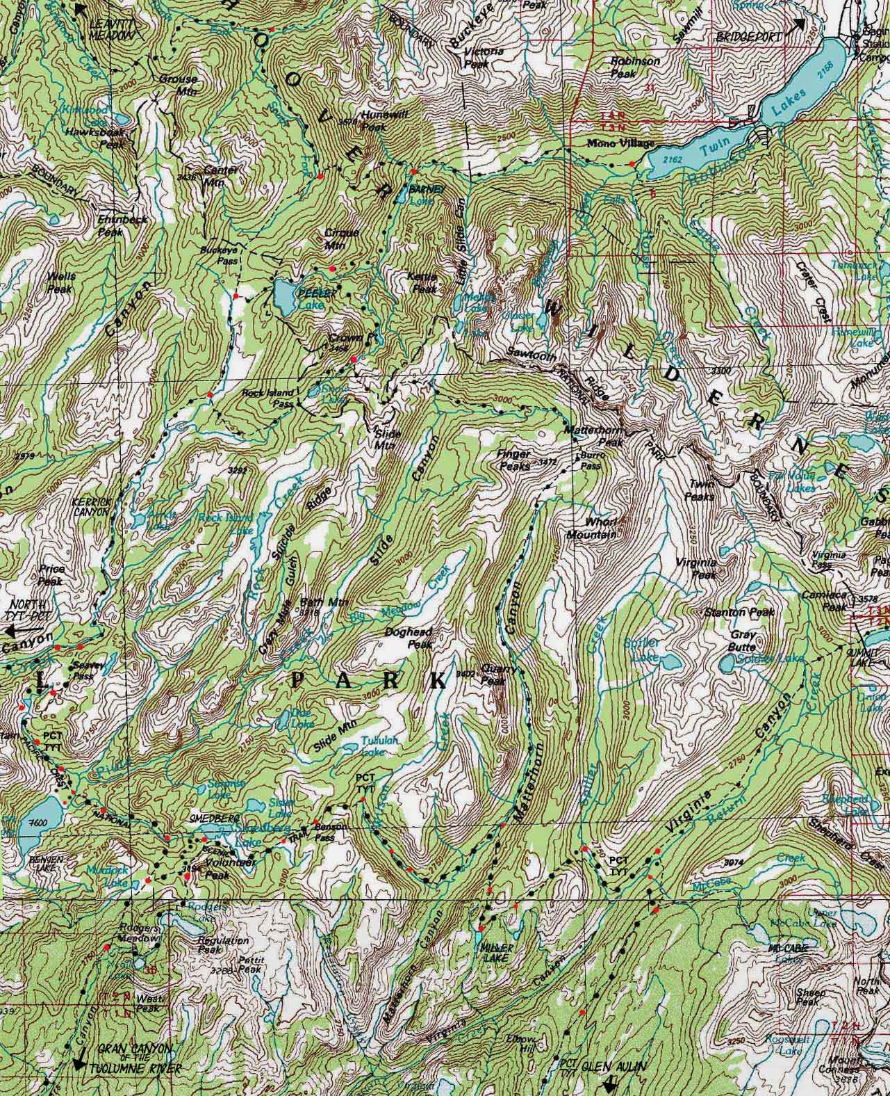TYT-PCT at Bensen Lake Loop, Twin Lakes, Virginia Canyon backpacking map.