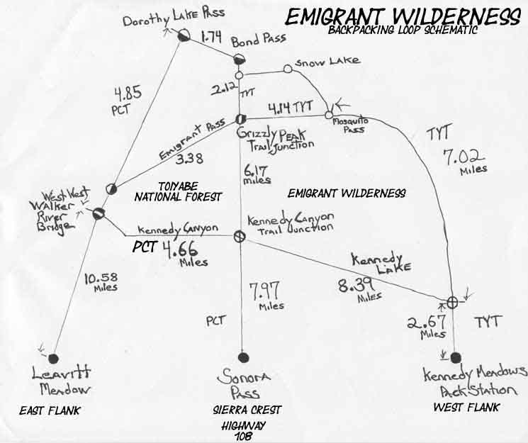 Schematic map of Emigrant Wilderness Backpacking Loops.