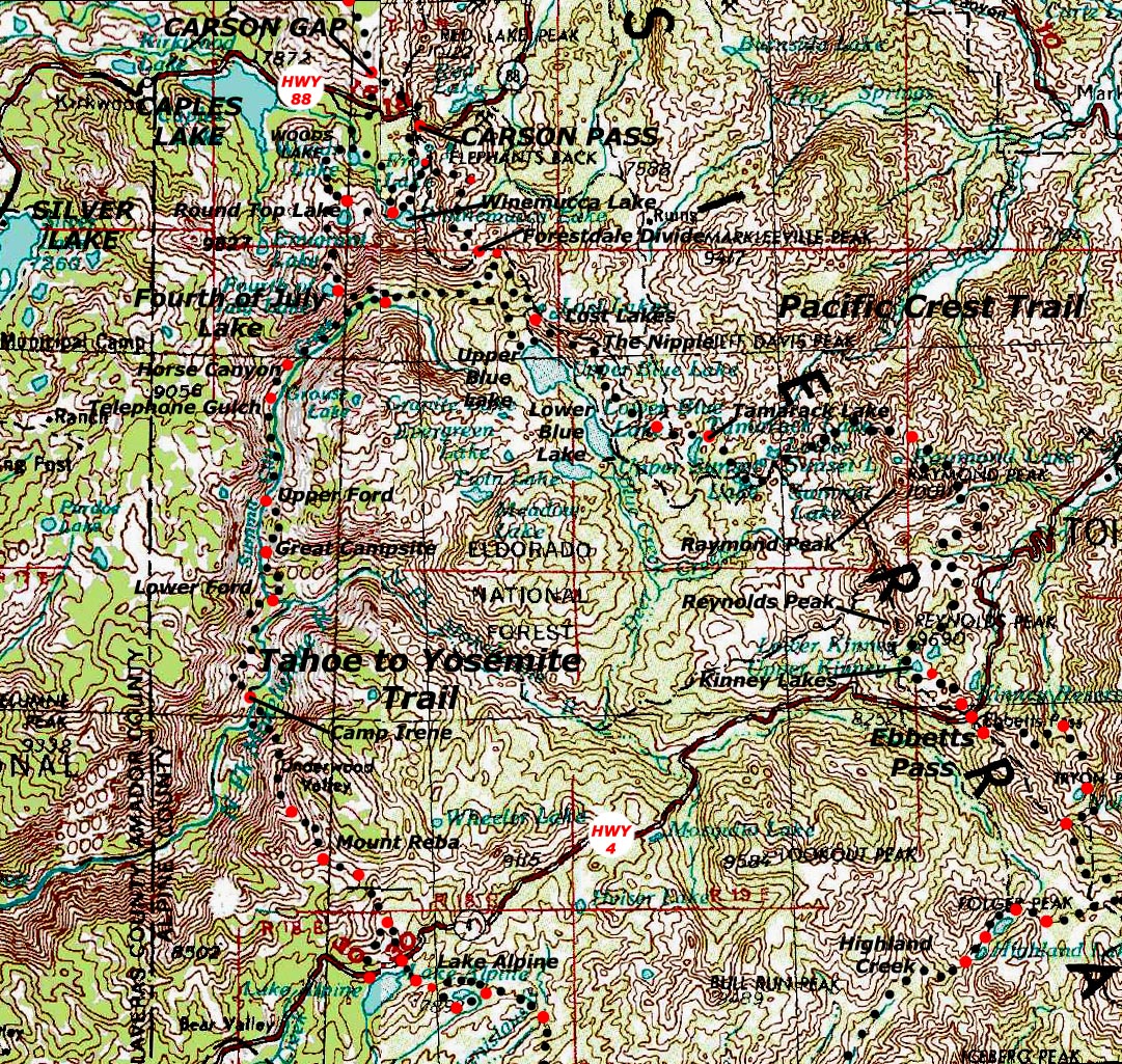 Mokelumne Wilderness topo hiking map, Tahoe to Yosemite and Pacific Crest Trails.