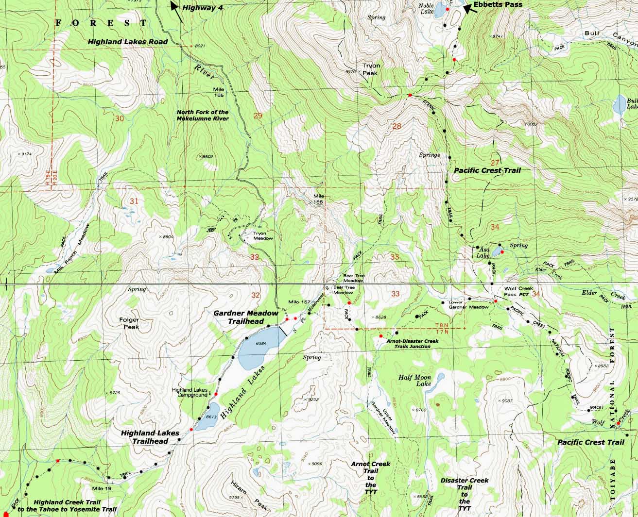 Tahoe to Yosemite Trail route linked to the Pacific Crest Trail at Wolf Creek Pass via Highland Creek, Highland Lakes, and Gardner Meadow.