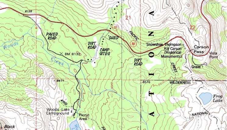 Topo map of the dirt road from Carson Pass to Woods Lake.