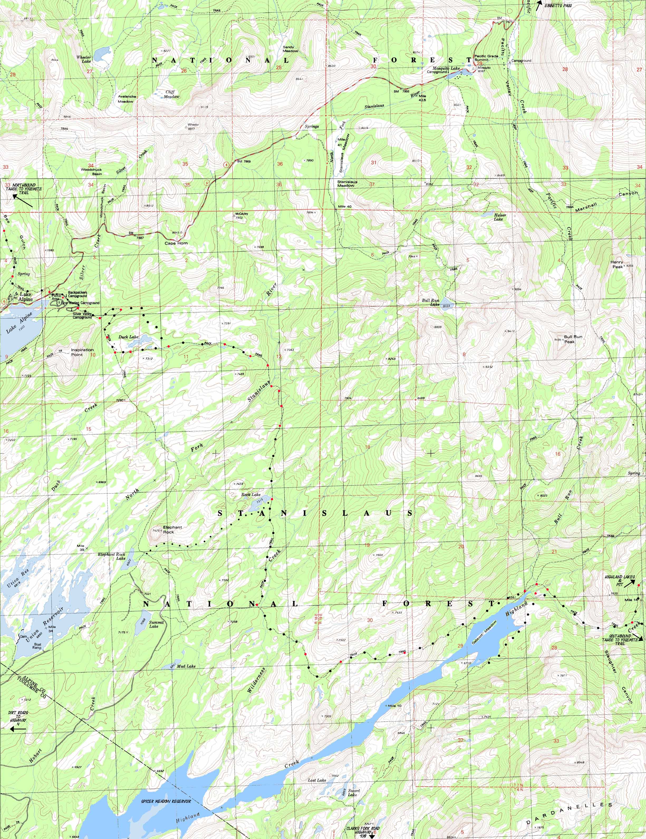Spicer Meadow Reservoir backpacking map.