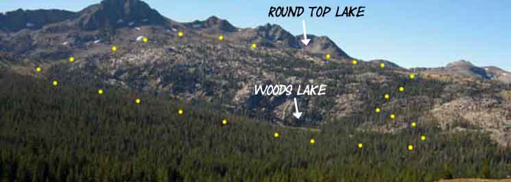 Routes East and West of Woods Lake to Round Top Lake.