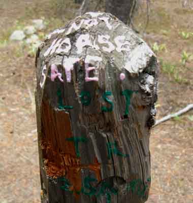 Horse Canyon trail junction post defaced in 2013.