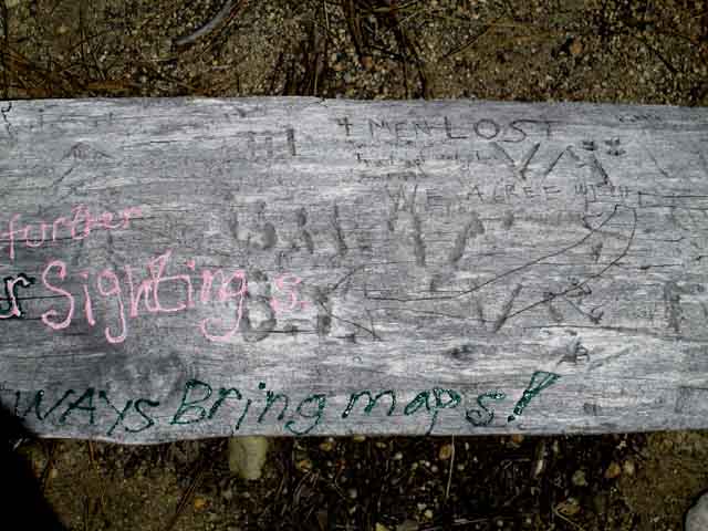 Vandal defaces campsite along Summit City Creek on Tahoe to Yosemite Trail.