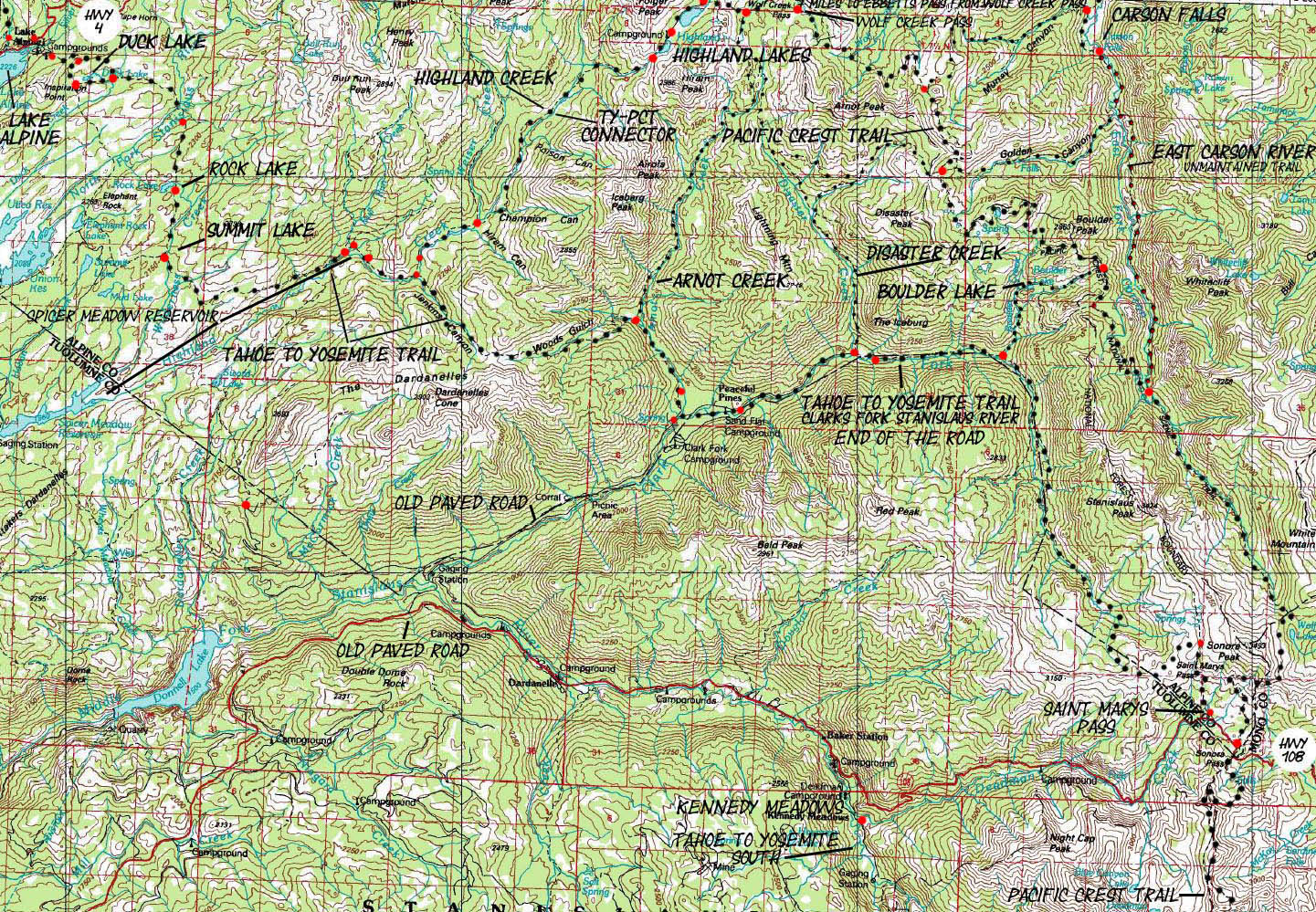 Backpacking map of the Carson Iceberg Wilderness covering the Tahoe to Yosemite and Pacific Crest Trails