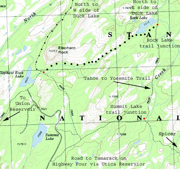 Map of Rock and Summit trail junctions along the Tahoe to Yosemite Trail South of Lake Alpine.
