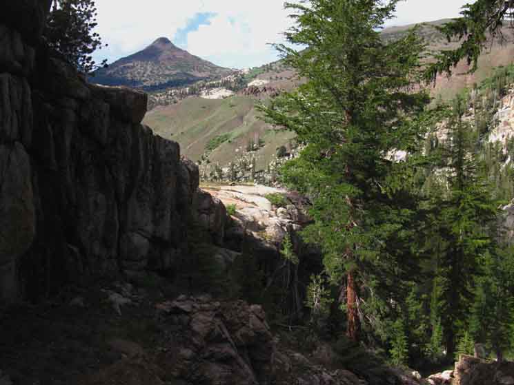 Stanislaus Peak from slot exiting headwaters of Clarks Fork of the Stanislaus River.