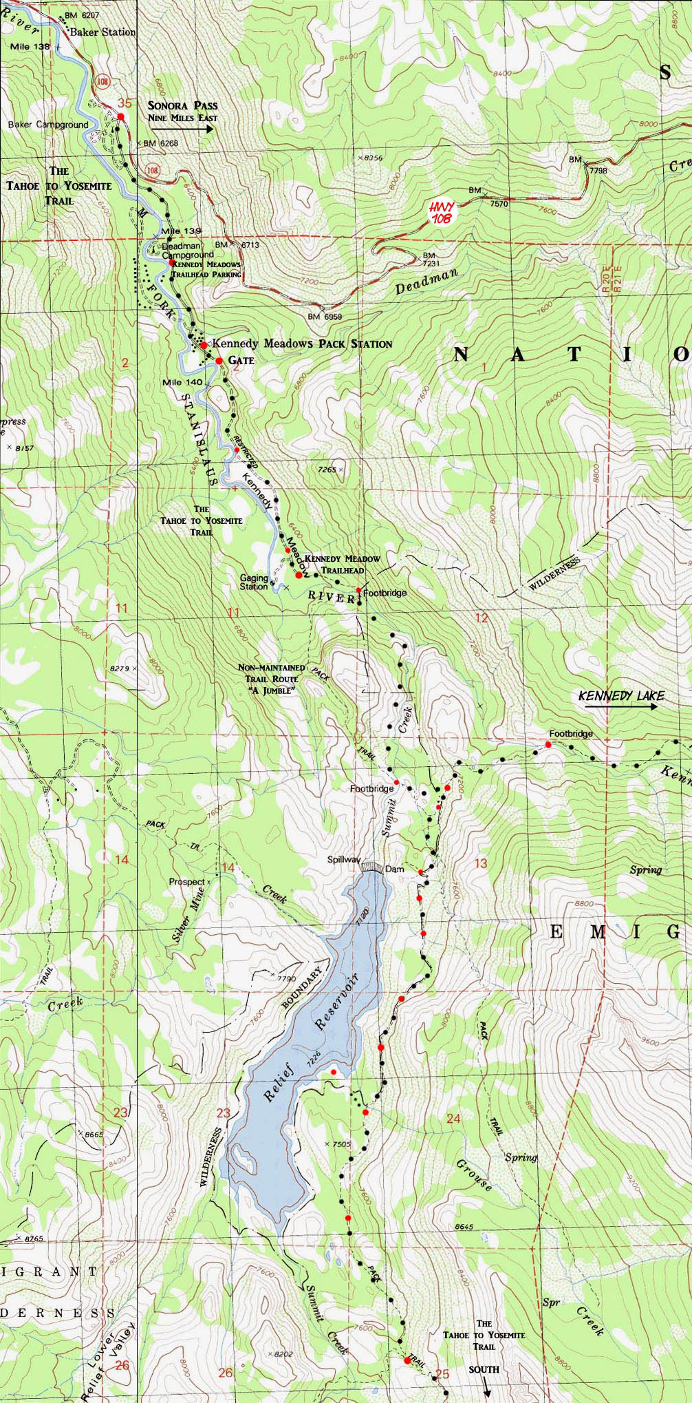  Kennedy Meadows Pack Station topo map to Relief Reservoir.