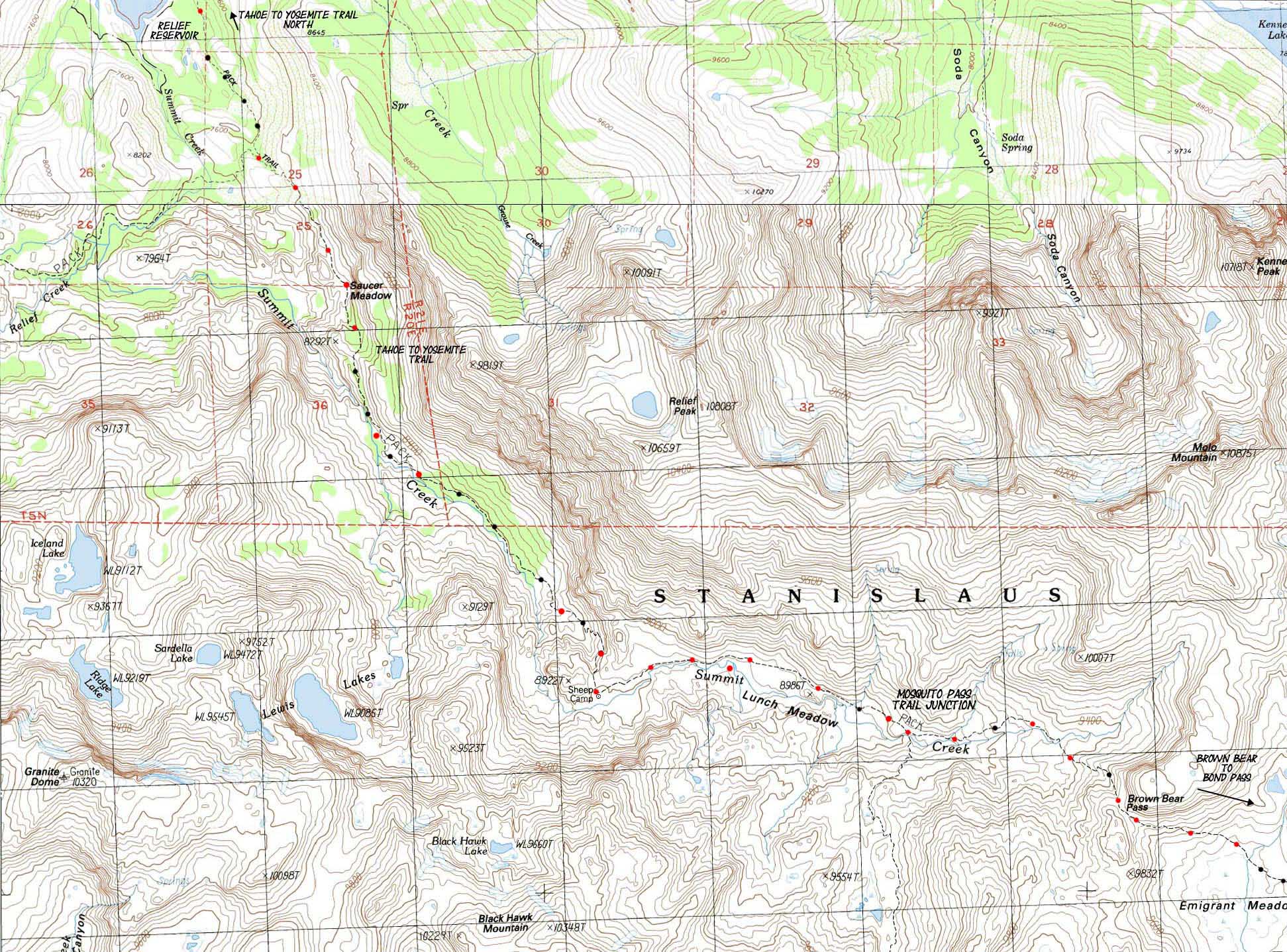Relief Reservoir to Brown Bear Pass map.