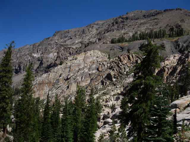 Granite terrain overcapped by volcanic terrain along Summit Creek, Emigrant Wilderness.