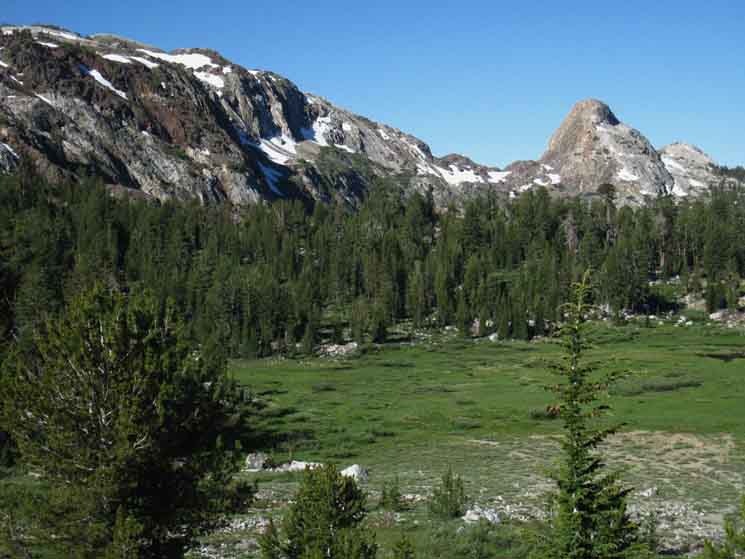 Looking across South edge of Summit Meadow at Saddle and Horn over to Bigelow Lake.