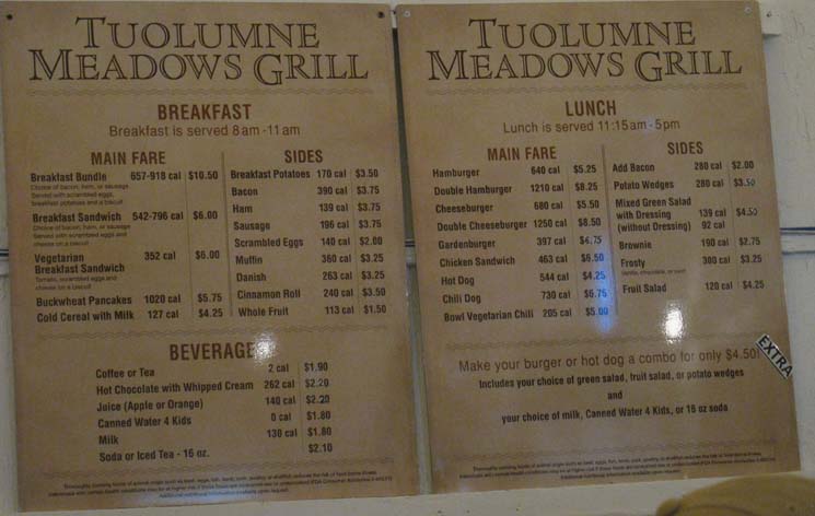 Current menu and prices at Tuolumne Meadows Cafe in Yosemite as of July of 2016.