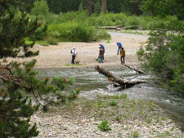 Day hikers and fisherfolk along the Middle Fork of the Stanislaus River.